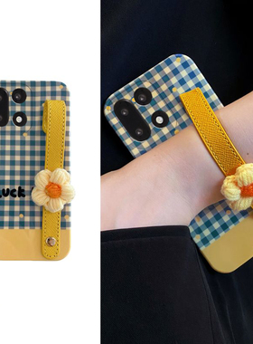 ins风针织花朵适用oppo一加15手机壳1+ace6腕带十五蓝色六格纹oppo立体1+oneplus液态硅胶新款手提防摔新款软