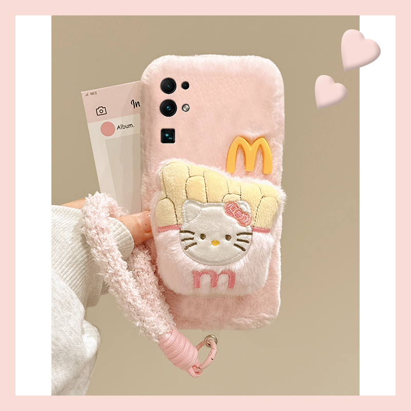 粉色薯条kt猫适用华为荣耀30pro+手机壳30s尼龙绳v30立体x30i秋冬畅玩30plus毛绒x20se卡通x10max/play4t/3软