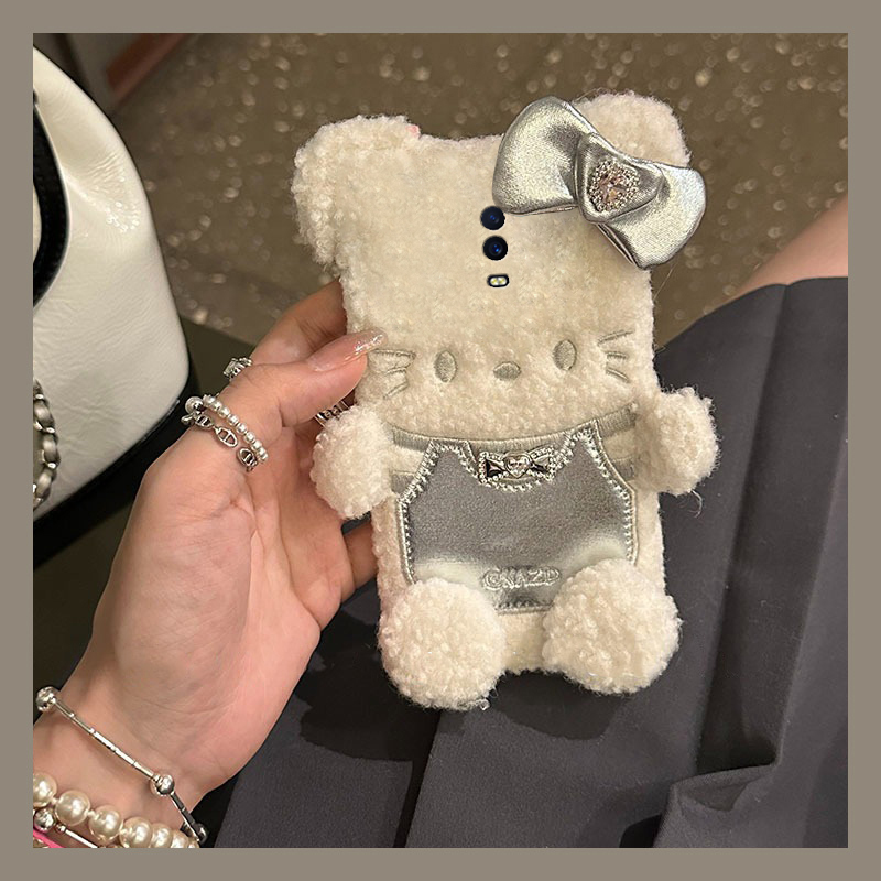 银色背带裤kt猫适用oppor17pro手机壳r15x梦境版r11splus卡通r9s凯蒂猫r7plus秋冬季r17毛绒oppo毛茸茸0pp0软