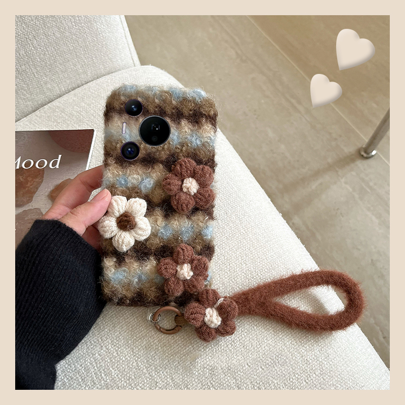 ins风针织花朵适用华为pura80pro+手机壳pura70ultra撞色p60art条纹40por+十p30秋冬季p20毛绒p10plus挂绳软p
