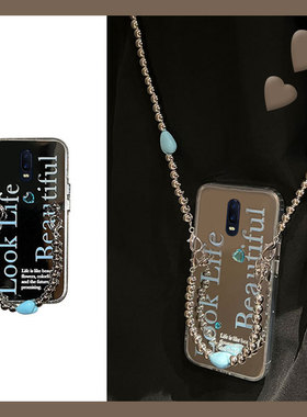 蓝色英文斜挎补妆镜适用oppor17pro手机壳r15x梦境版标准版r11s镜面r9plus小众r11splus镜子k1日韩oppo硅胶女