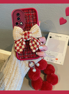 撞色蝴蝶结适用华为nova13手机壳novo12活力版11ultra毛球10se挂链9红色8pr日韩7i小香风6绒布5z硅胶4e/3毛绒