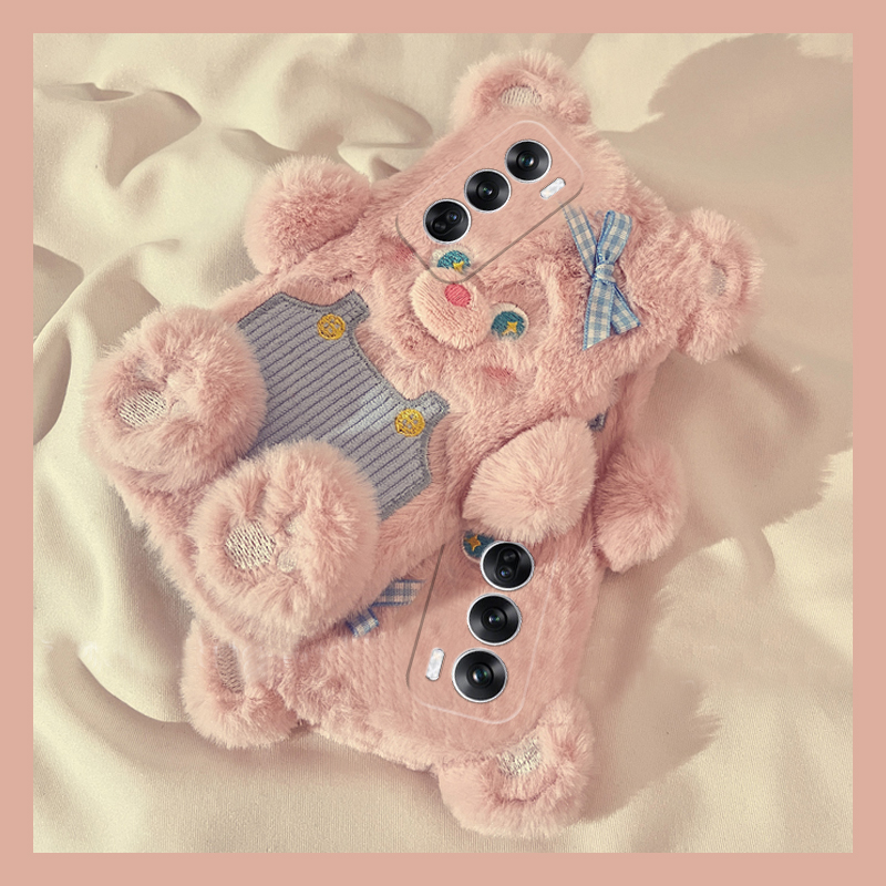 粉色小熊适用opporeno12pro手机壳reno11立体reon10+十9蝴蝶结8可爱7se毛绒绒6秋冬季5k硅胶4se卡通3趣味oppo