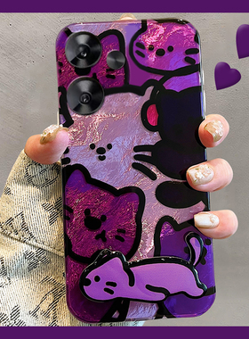 紫色猫咪适用小米红米note13pro手机壳12turbo+十11t立体10隐形9支架8锡纸纹7por卡通redmi硅胶n0te软壳透明p