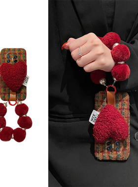 格子爱心适用华为magicv3手机壳magicvs2挂绳p50斜挎pockets可背matexs2毛绒绒x5折叠屏x3硬壳pocket2秋冬季