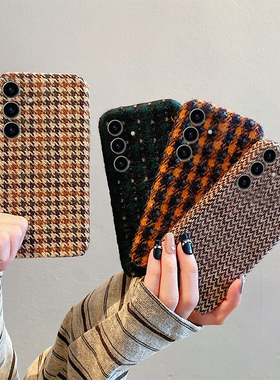 ins风复古千鸟格适用三星s25edge手机壳s24plus拼色s23+十s22格纹s21fe秋冬季s20ultra绒布s10软s9/s8/note20