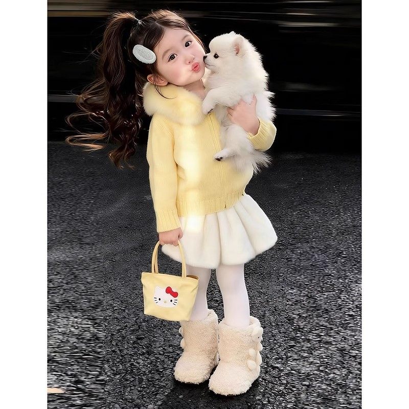 韩版女童2025冬季新款奶黄色毛领连帽拉链毛衣外套女孩毛绒半身裙,童装/婴儿装/亲子装,套装,淘宝优惠券,粉丝福利购,淘宝优惠卷