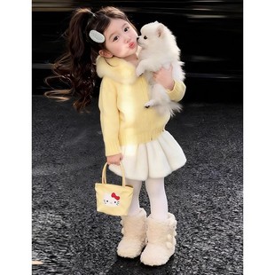 韩版女童2025冬季新款奶黄色毛领连帽拉链毛衣外套女孩毛绒半身裙