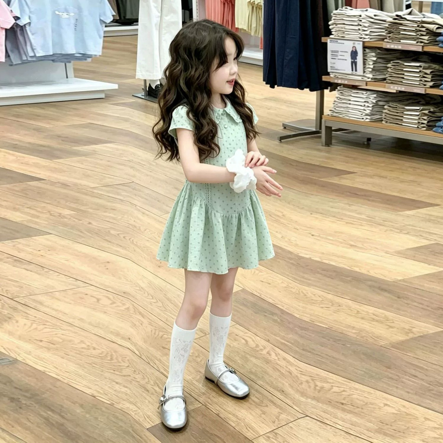 韩版女童2026夏季新款绿色波点蕾丝娃娃领连衣裙小女孩收腰背心裙