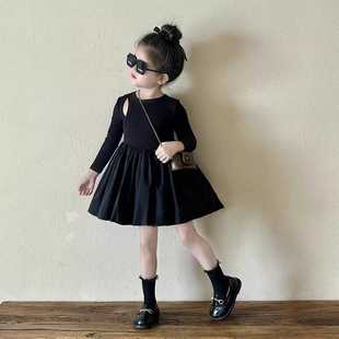 女童秋季连衣裙2025新款黑色气质收腰长袖蓬蓬裙小女孩洋气小黑裙