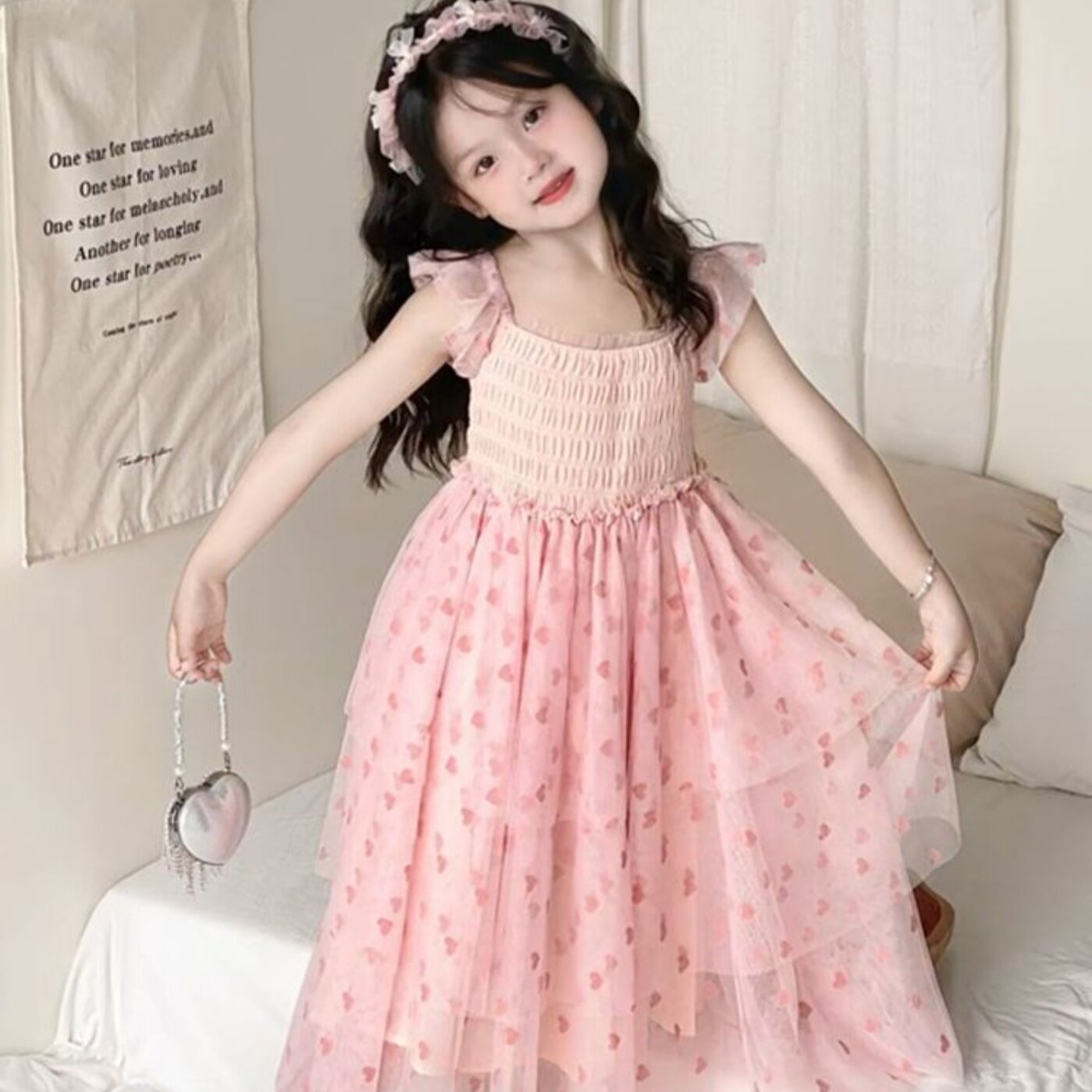 韩版女童2026夏季新款甜美粉色爱心飞袖网纱裙女孩打揽拼接公主裙