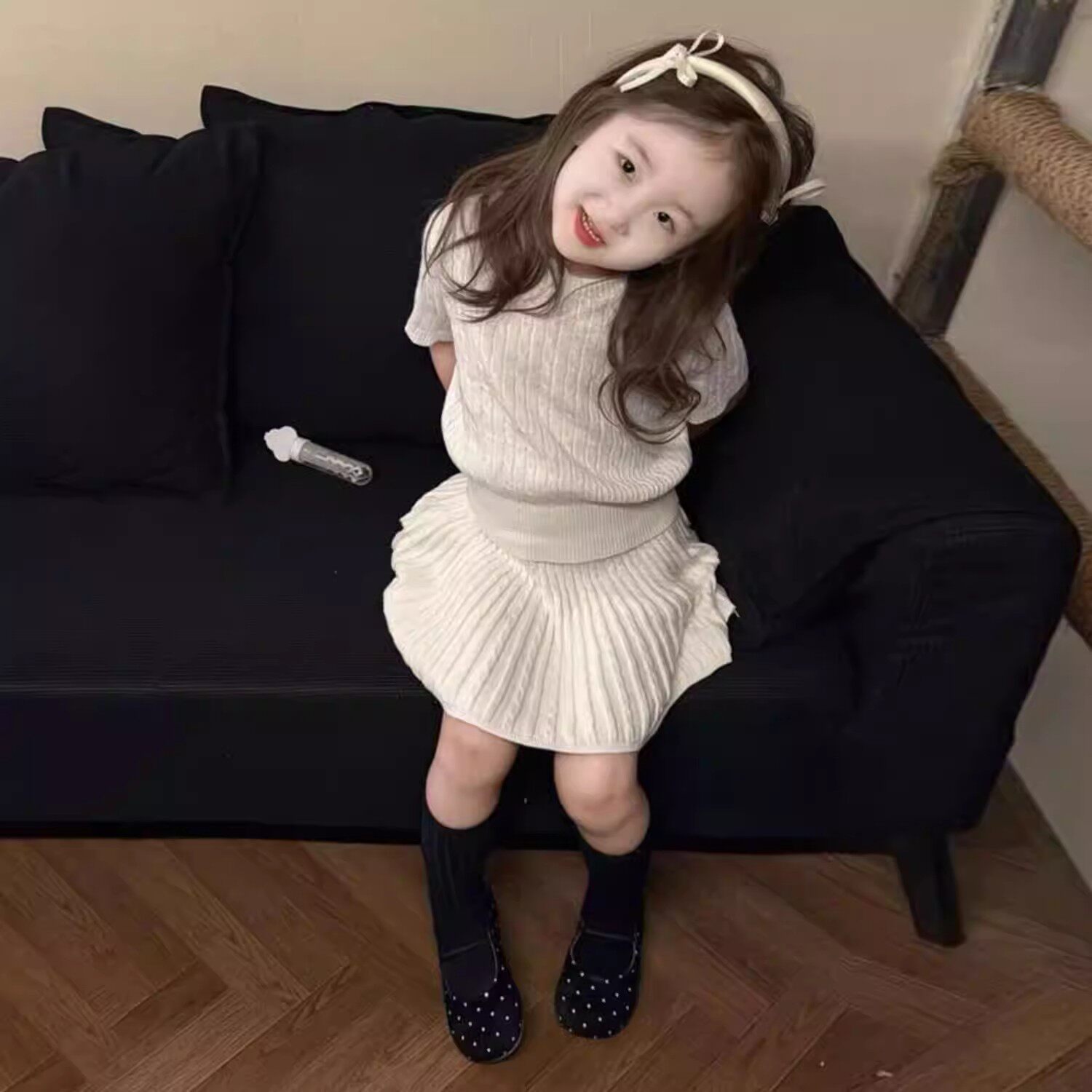 韩版女童2026夏季新款米白色薄款针织套装小女孩麻花短袖半身裙