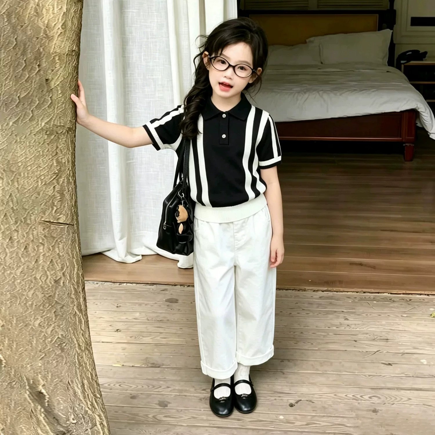 韩版女童夏季休闲服拼色条纹短袖