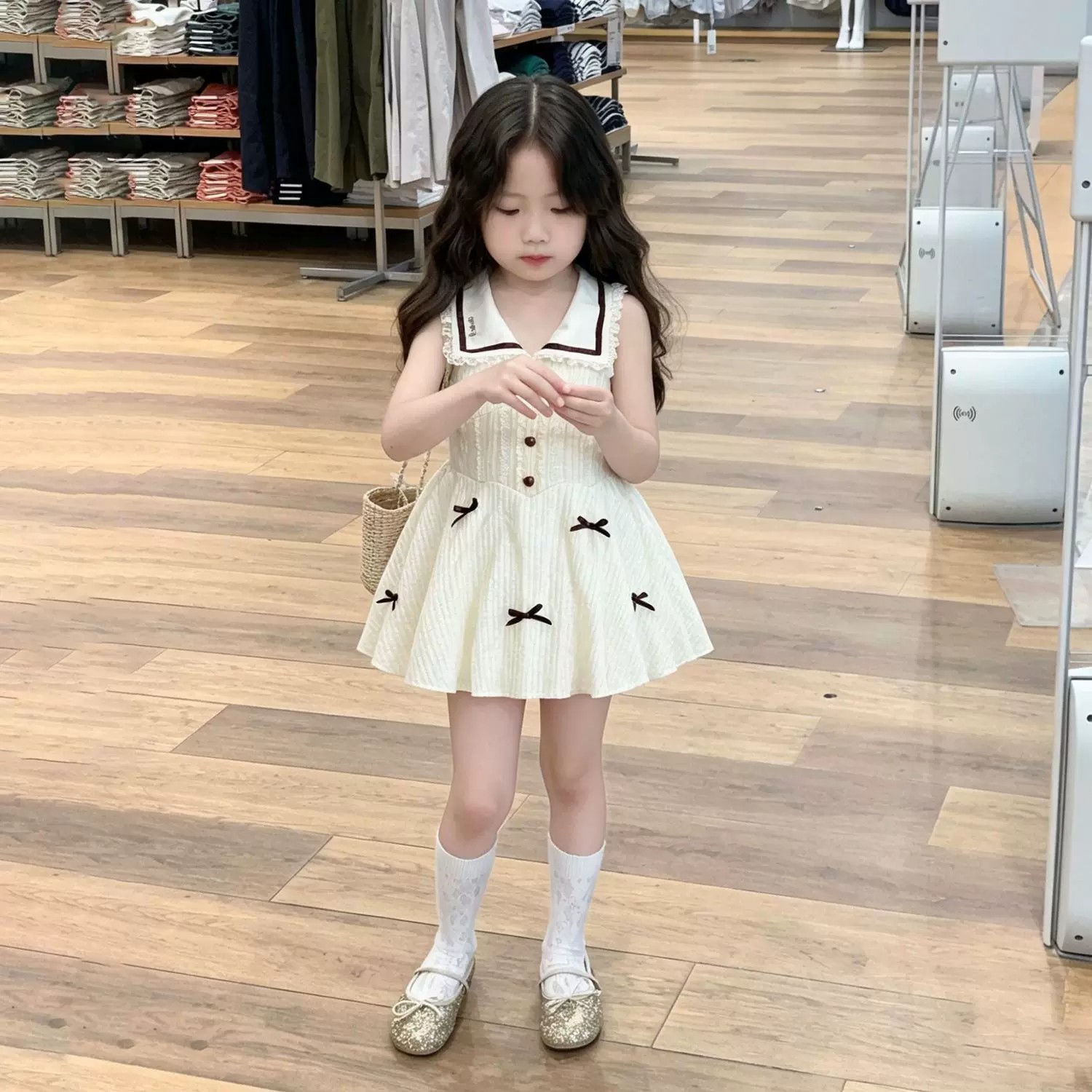 韩版女童夏季复古条纹翻领连衣裙