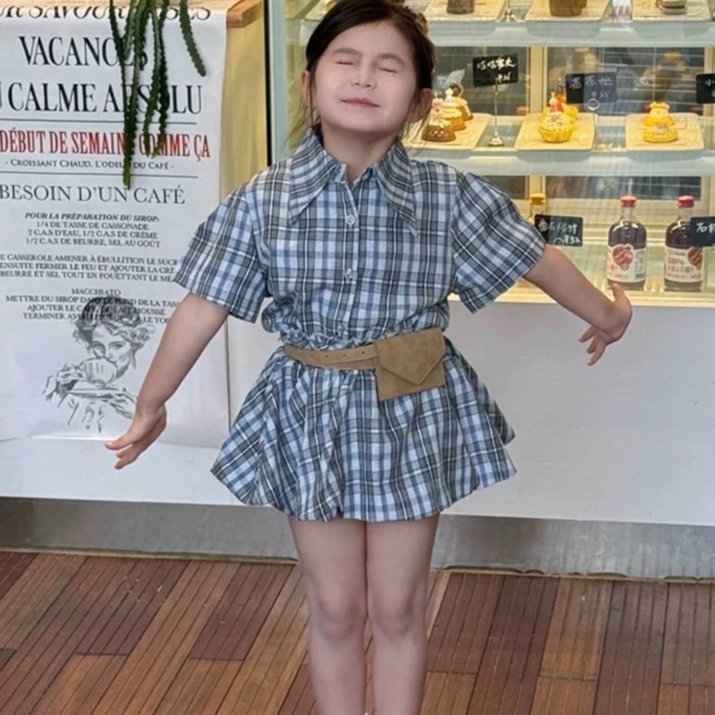 韩国童装2026夏季新款学院风蓝色格子套装女童翻领短袖衬衫花苞裙