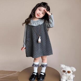 韩版女童2025秋季新款灰色波点长袖打底衫上衣小女孩公主连衣裙