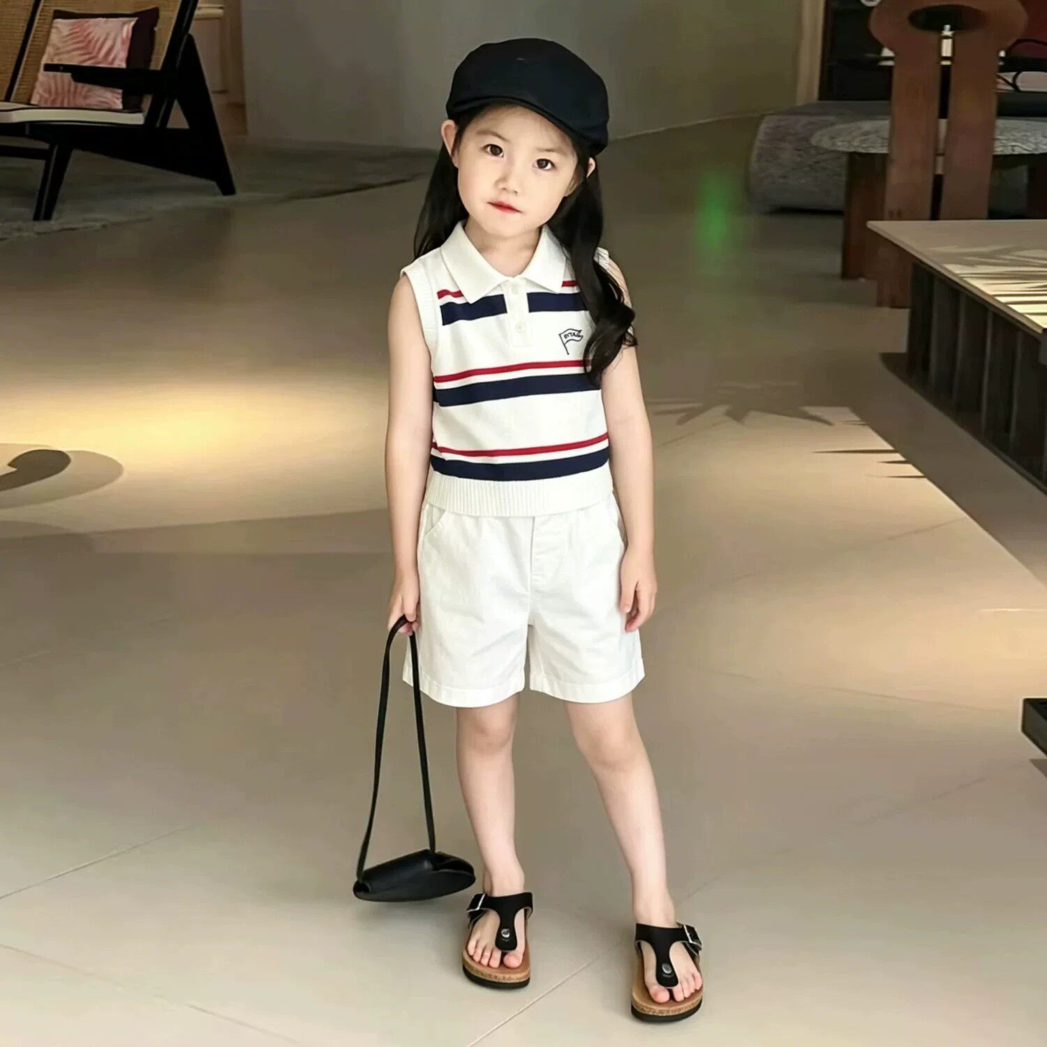 韩版女童夏季撞色条纹无袖背心