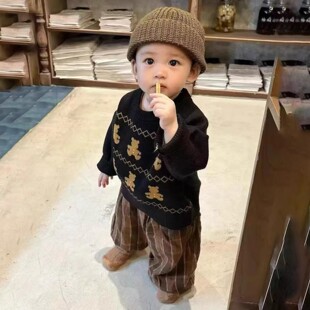 韩版男童2025冬季新款黑色可爱小熊加厚毛衣儿童复古格纹休闲裤潮