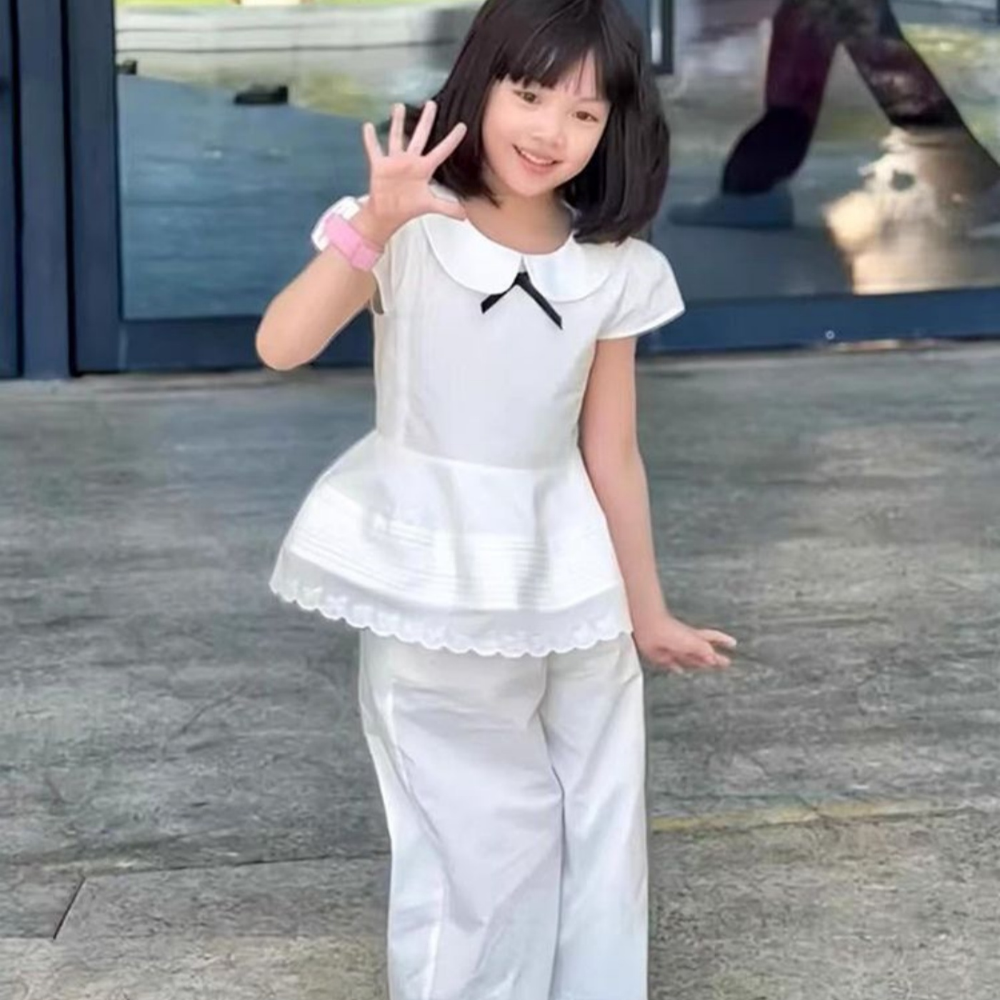 韩国童装2025夏季新款白色娃娃领荷叶边短袖衬衫女童蕾丝边阔腿裤