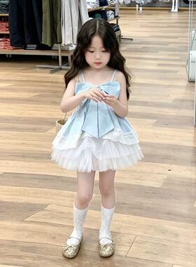 女童夏季浅蓝色蕾丝花边吊带半裙