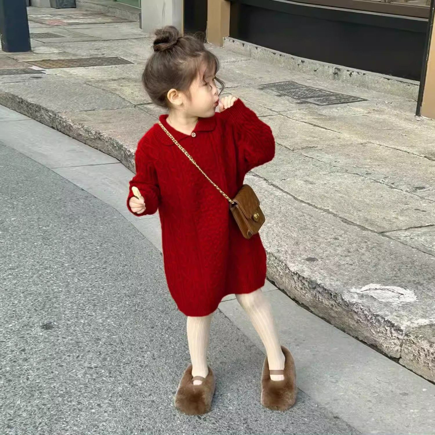 韩版女童2026冬季新年红色麻花翻领毛衣裙小女孩拜年针织连衣裙子,童装/婴儿装/亲子装,连衣裙,淘宝优惠券,粉丝福利购,淘宝优惠卷