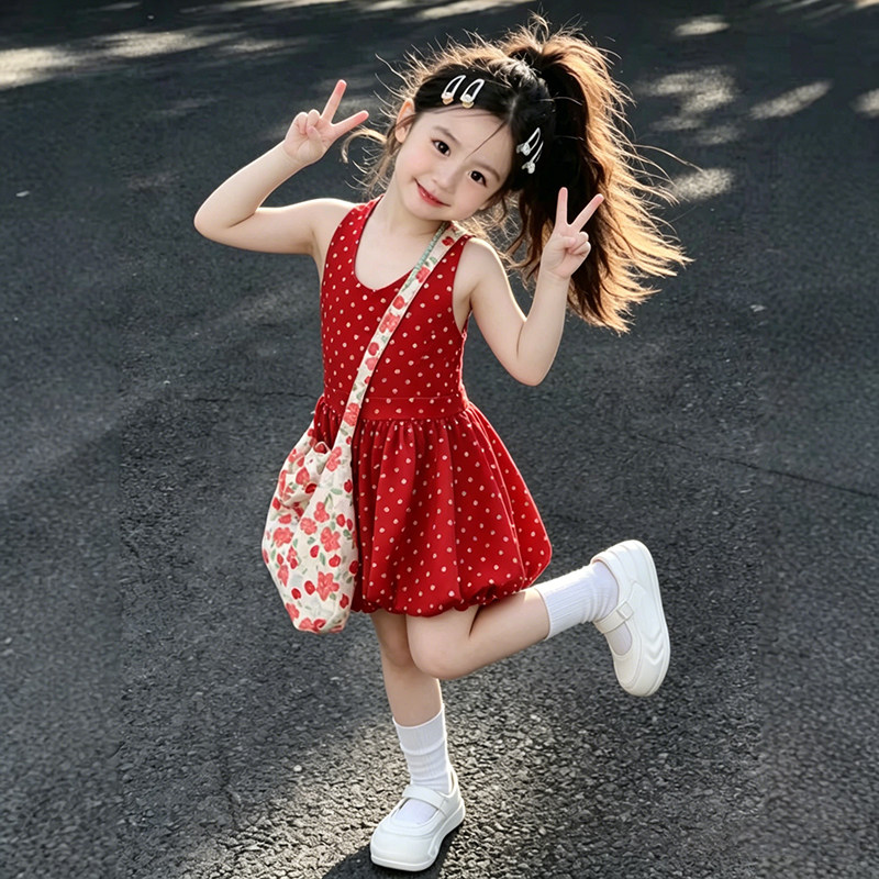 韩版女童2026夏季新款红色波点挂脖背心裙小女孩海边度假风吊带裙