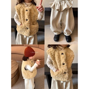 韩版女童2025冬季新款复古米黄色毛绒加厚马甲女孩杏色屁帘束脚裤