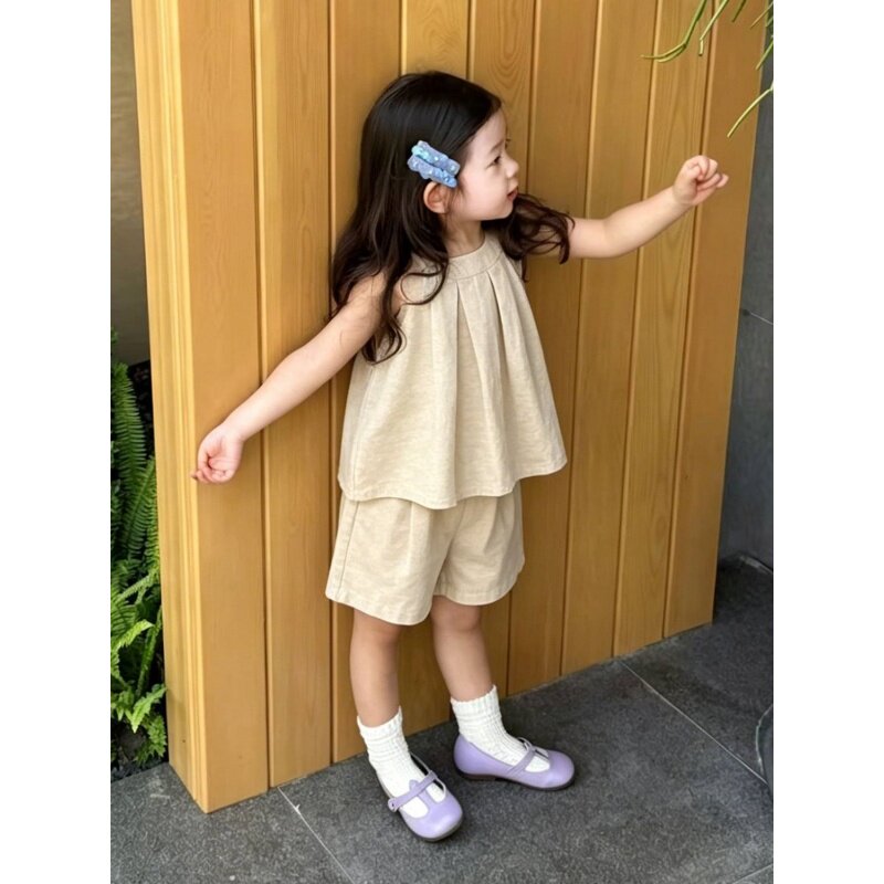 女童夏季棉麻套装燕麦色无袖背心