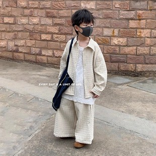 男童百搭Polo翻领外套直筒裤 韩国童装 杏色肌理感衬衫 2025春季 新款