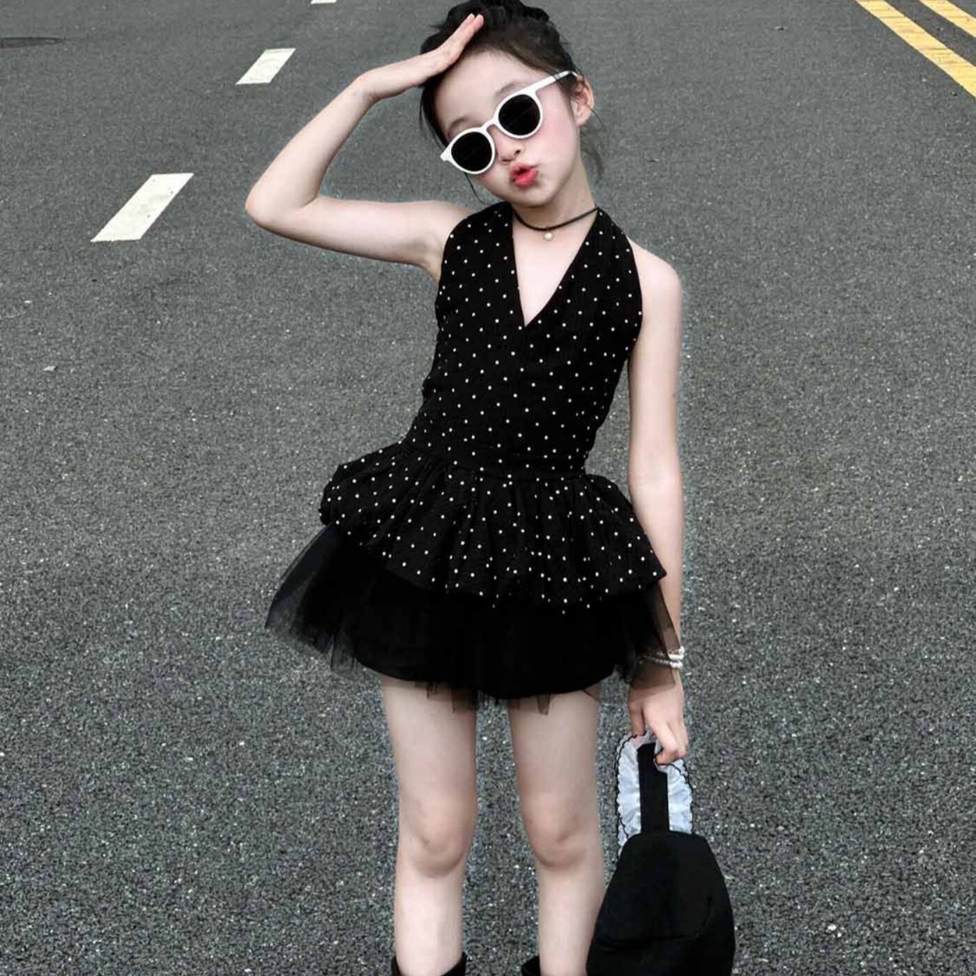 韩版女童2025夏季新款黑色波点挂脖吊带背心女孩无袖上衣半身纱裙