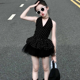 韩版女童2025夏季新款黑色波点挂脖吊带背心女孩无袖上衣半身纱裙