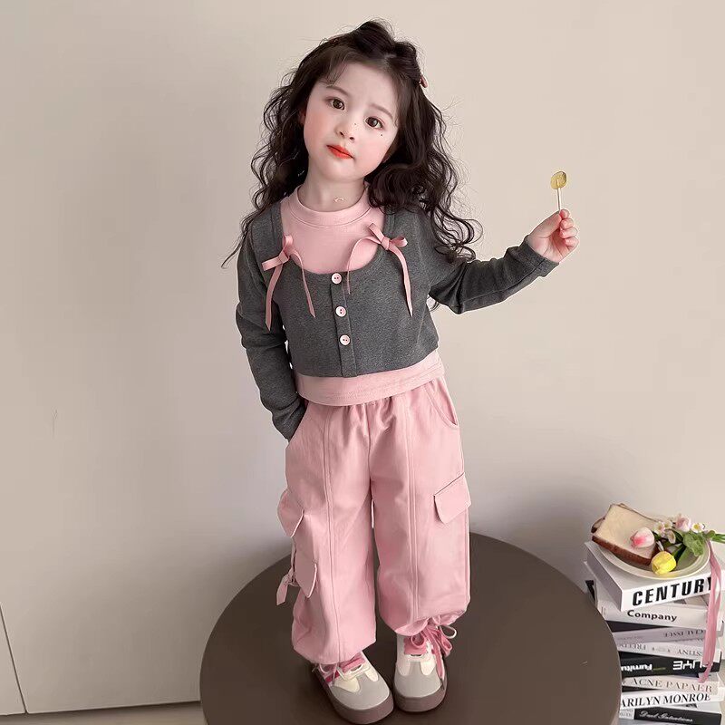 女童秋季套装2025新款灰色假两件长袖打底衫小女孩运动休闲工装裤