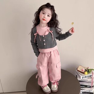 女童秋季套装2025新款灰色假两件长袖打底衫小女孩运动休闲工装裤