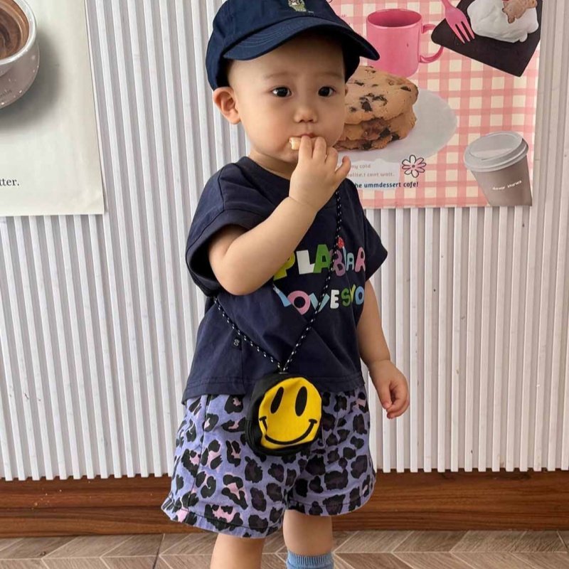 韩版童装2025夏季新款藏蓝色字母纯棉短袖T恤儿童紫色豹纹短裤潮