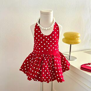 韩版女童2025夏季新款红色波点花苞连衣裙小女孩蝴蝶结挂脖背心裙