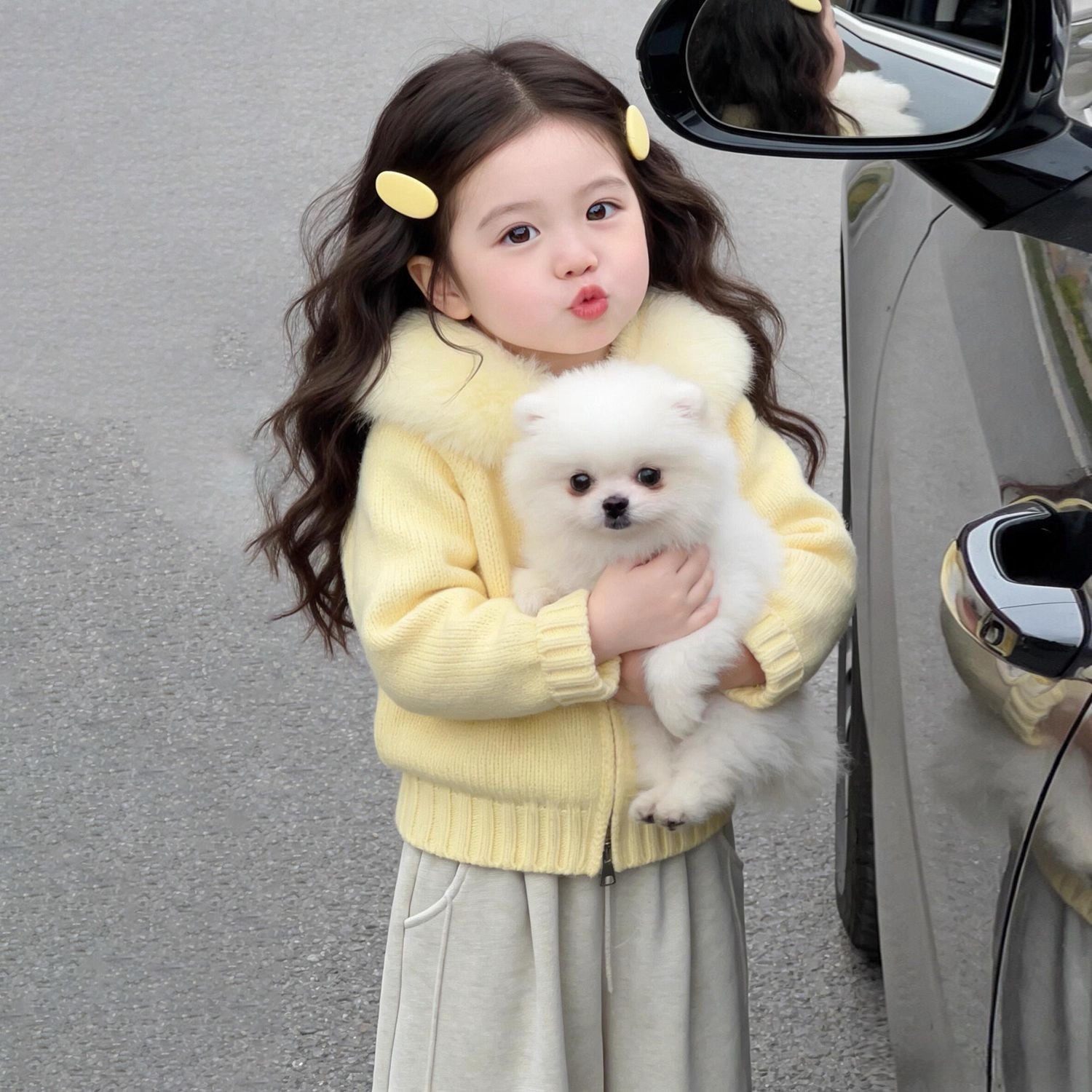 韩版女童2025冬季新款甜美黄色毛绒娃娃领毛衣女孩屁帘花边休闲裤