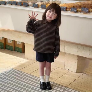 韩版女童2025秋季新款复古美拉德条纹长袖儿童咖色Polo领上衣短裤