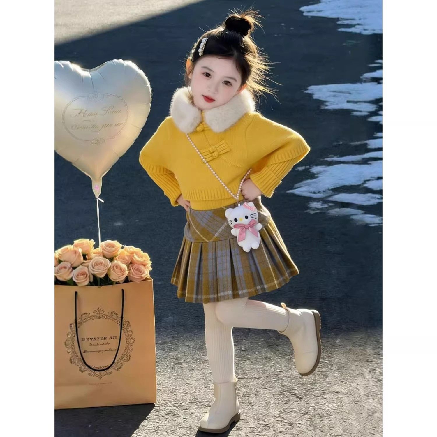 韩版女童2026冬季新款黄色毛领假两件斗篷毛衣小女孩格纹百褶半裙,童装/婴儿装/亲子装,套装,淘宝优惠券,粉丝福利购,淘宝优惠卷