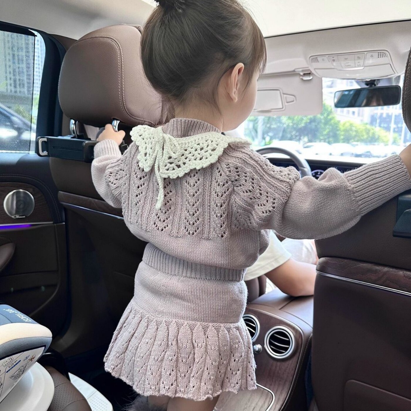 韩版女童秋季紫色镂空针织长袖