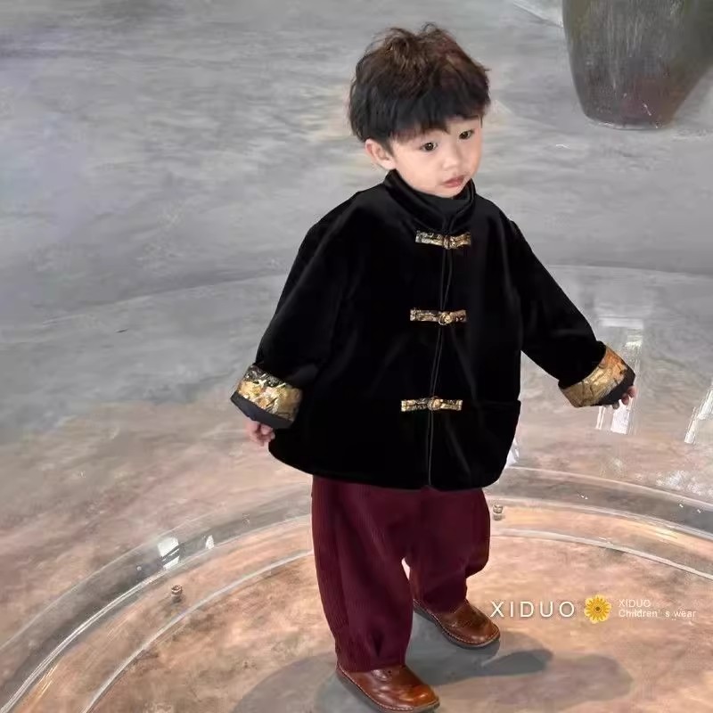 国风唐装冬季黑色丝绒盘扣外套