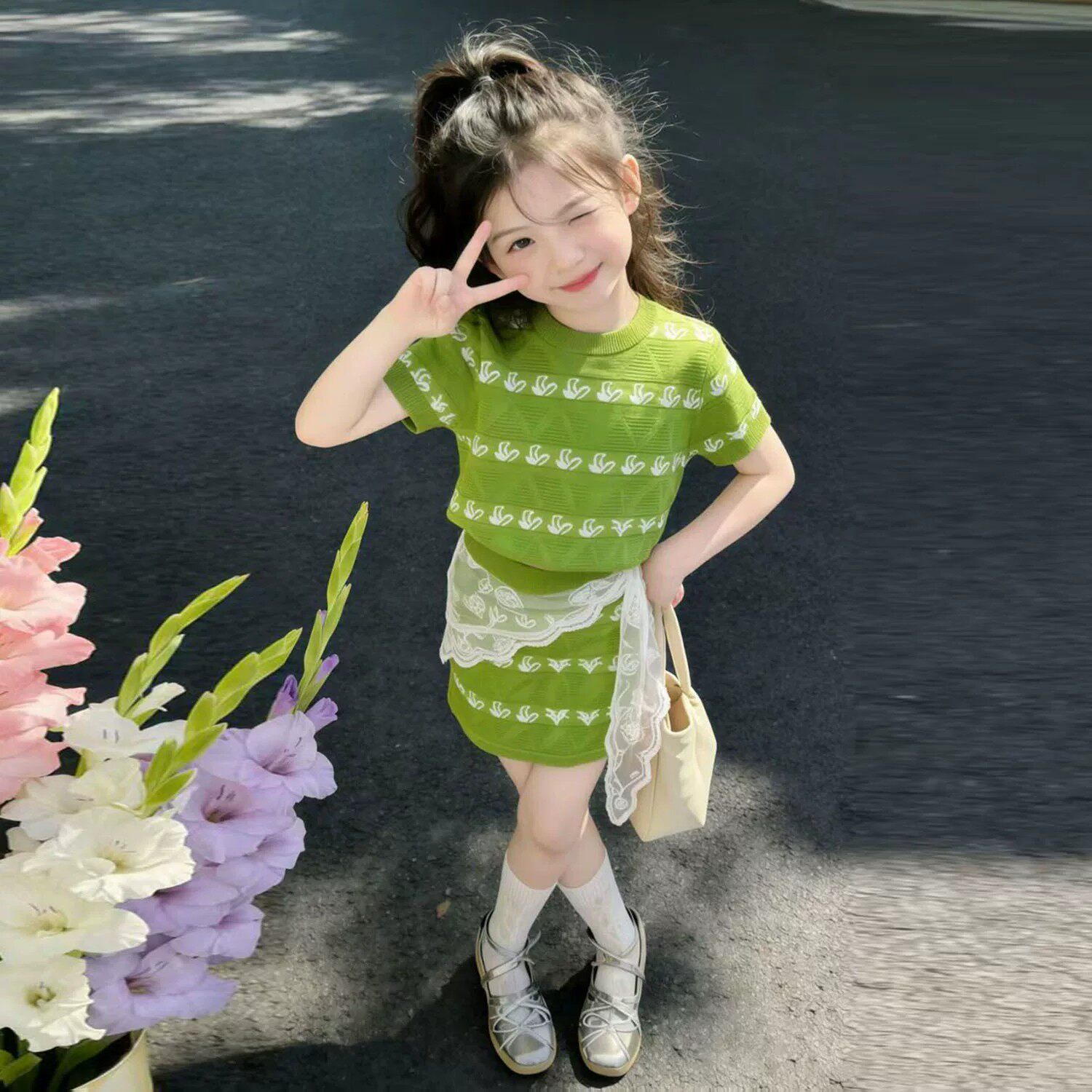 韩版女童夏季绿色提花针织短袖