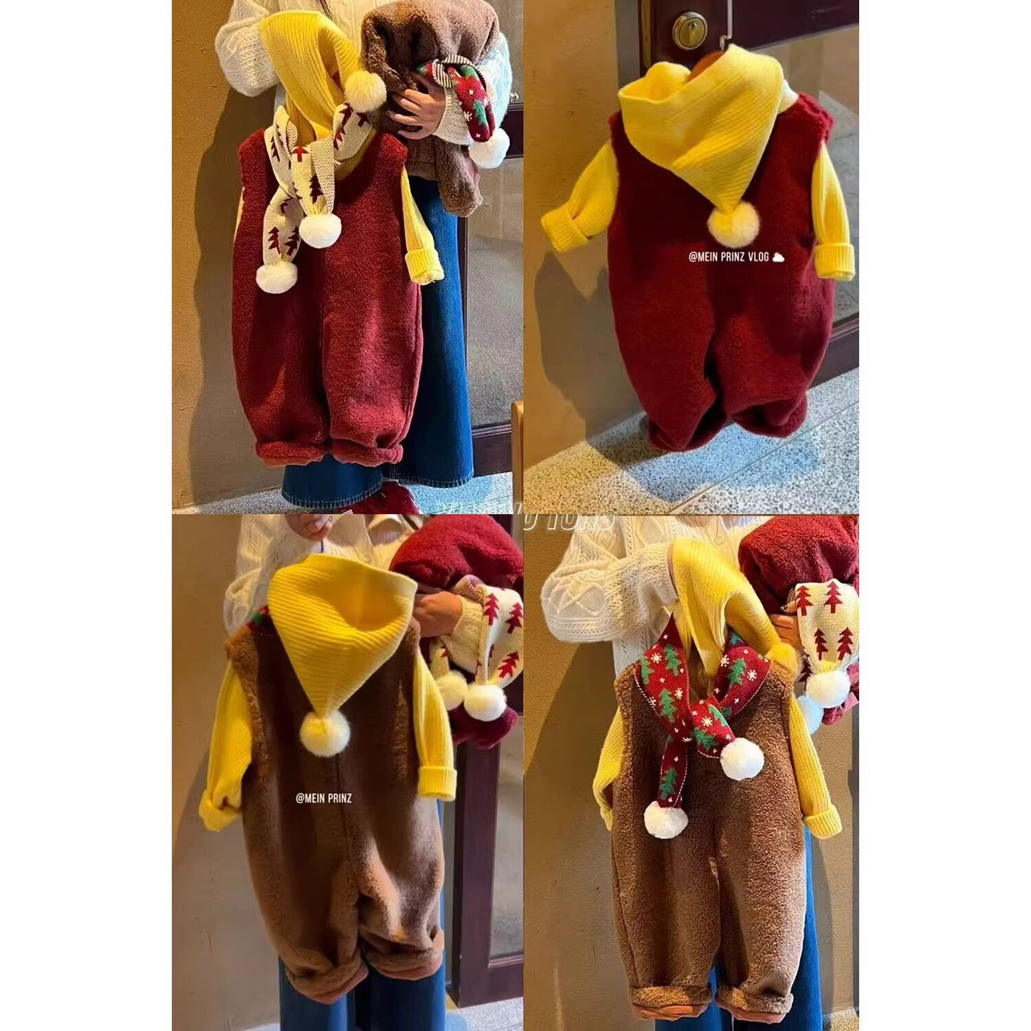 男女童冬季新年加厚羊羔绒夹棉保暖背带连体裤儿童黄色精灵帽毛衣