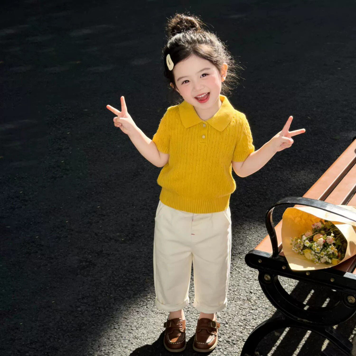 韩版女童2026夏季新款黄色Polo刺绣麻花短袖针织衫女孩白色休闲裤