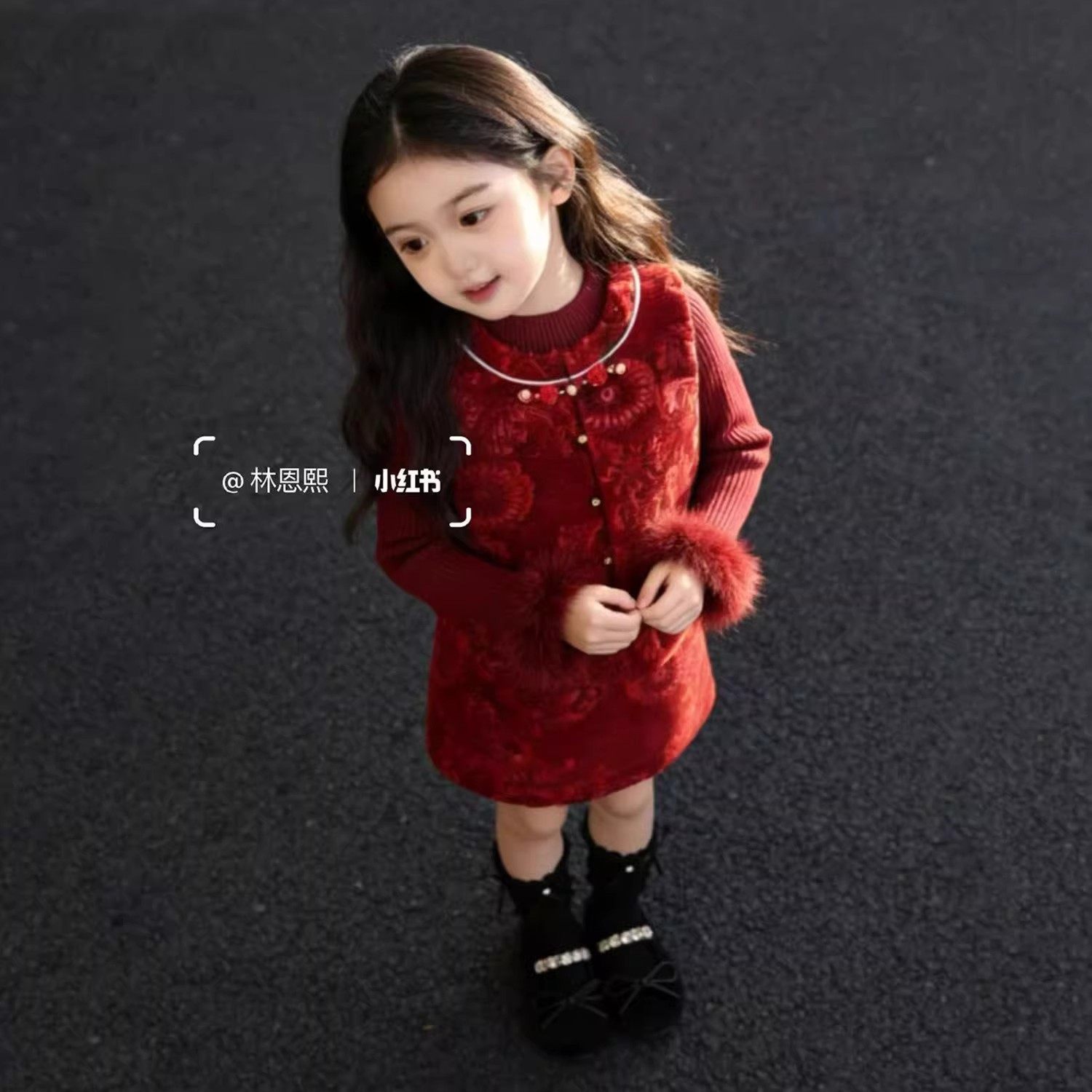 新中式女童2026冬季新年战袍红色提花旗袍马甲小女孩半身裙两件套