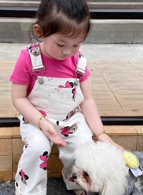 韩国童装2025夏季新款白色米奇印花背带连体裤女童玫粉色短袖T恤