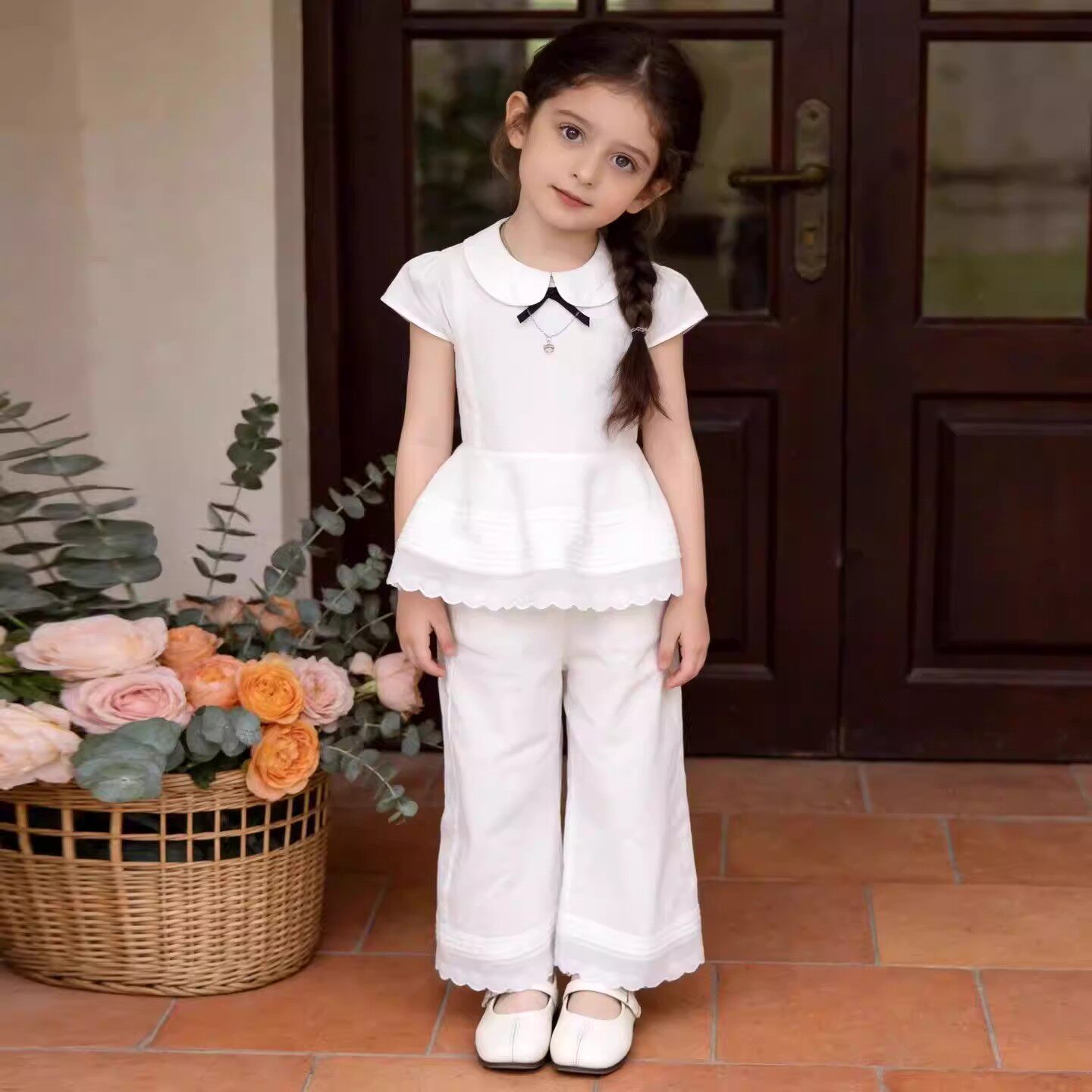 法式女童2026夏季新款小香风白色荷叶边短袖衬衫小女孩蕾丝阔腿裤