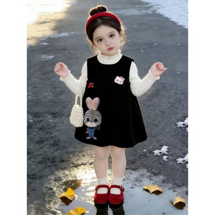 韩版女童2025冬季新款黑色朱迪警官加绒背心裙小女孩加厚保暖毛衣