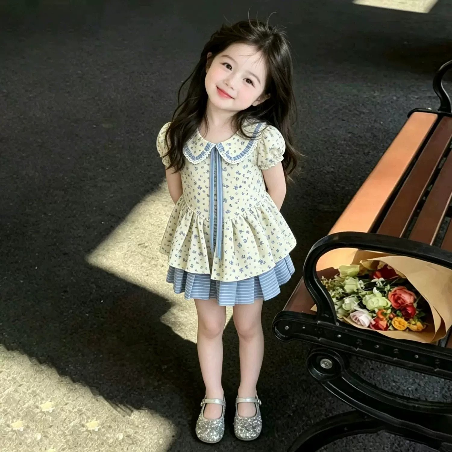 韩系2026夏季新款温柔风格女童小清新碎花泡泡袖娃娃领甜美公主裙