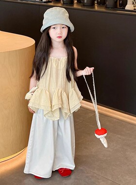 韩版女童2025夏季新款黄色不规则波浪荷叶系带背心女孩米色阔腿裤
