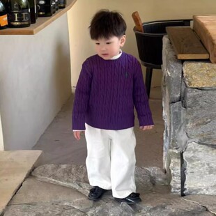 韩版男童2026冬季新款复古紫色刺绣麻花针织毛衣儿童白色直筒裤子